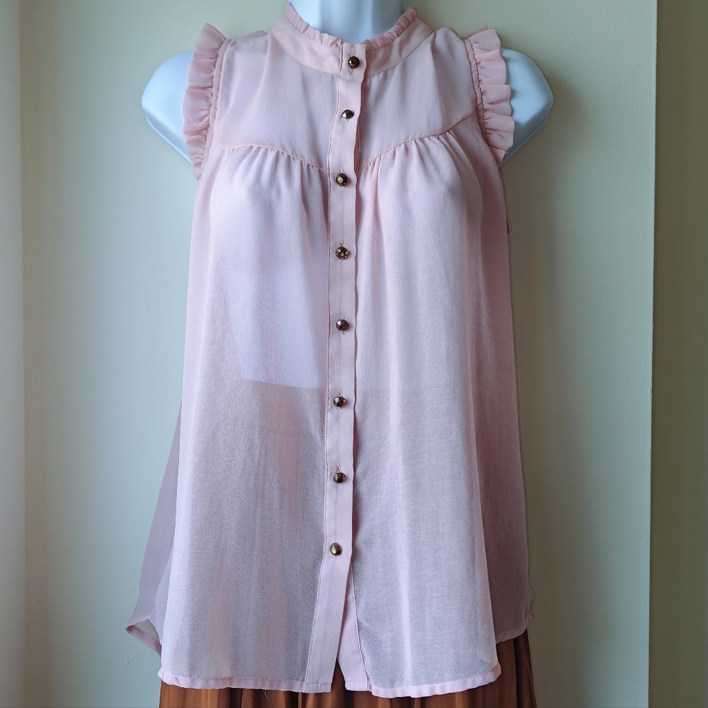 Lily Star Pink Sleeveless Sheer Chiffon Ruffle Blouse